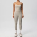 Detailed view of high-waist yoga set featuring a U-neck tank top and slimming leggings - Camel Brown