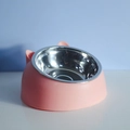 Pink cat ear shaped pet bowl with stainless steel insert and tilted neck protection base - 200ml / Nordic Pink