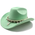 Detail of mint green suede cowboy hat with white tassels, shells and coin charms - M(56-58cm) / Fluorescent Green