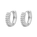 Detail of silver huggie earrings featuring double row of micro-pave cubic zirconia crystals - Silver + White Zirconia