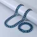 Blue stainless steel 15mm flat Cuban link chain necklace and bracelet set for men - Blue Set