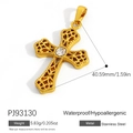Golden hollow cross pendant in stainless steel with clear cubic zirconia stone - Gold Hollow Carved Stainless Steel Single Zirconia Cross Pendant (PJ93130)