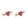 Golden cupid heart stud earrings featuring red heart-shaped stones and arrow design - Gold Rose Red Cupid Arrow Heart