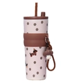Pink stainless steel tumbler with brown dots, dog pattern, and matching straw - UV Coffee With Pendant