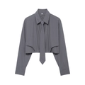 Women's grey poplin cropped shirt with long sleeves and matching tie on white background - S / Gray