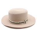 Détail d'un chapeau de paille beige avec ruban à franges à carreaux et calotte plate - M (56-58cm) / Rose