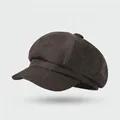 Classic British retro dark brown octagonal newsboy hat in textured tweed fabric for women - One Size / Octagonal Hat Style-Coffee