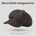 Classic British retro dark brown octagonal newsboy hat in textured tweed fabric for women - One Size / Octagonal Hat Style-Coffee