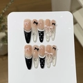Long pointed press-on nails in black and white with pink bows and pearls - Heartbeat Strike (Black White Pink Bow)