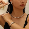 Polished silver fluid metal jewelry set including choker, bracelet, earrings and ring - Earrings + Ring + Choker + Thin Bangle (44) / Four-Piece Set / Bright Silver