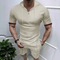 Apricot waffle knit hooded T-shirt and shorts set with red plaid sleeve detail - Apricot
