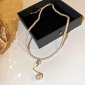 Collier de perles vintage en forme de Y avec chaîne dorée et grand pendentif cristal - 11# Collier - Gland Blanc