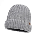 Grey ribbed knit beanie for men featuring a brown leather patch and wide folded cuff - Light Gray