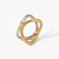 Two-tone crossover geometric ring in gold and silver finish with minimalist wave design - Gold Silver Contrast (SD786)