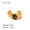 Gold-plated 18k stainless steel lava ring with emerald-cut black gemstone, 6.6g weight - Adjustable Open / Gold