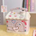Pink and white house shaped piggy bank with handle, key lock and cute cartoon stickers - Pink House (With Stickers)