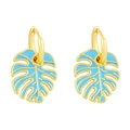 Bohemian gold monstera leaf drop earrings with light blue enamel finish for women - Blue