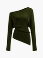 Detail of dark green knit top featuring off-shoulder neckline and asymmetric hem - S / Green