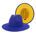 Classic blue and yellow two-tone wool felt fedora hat with a wide flat brim for winter - M (56-58cm) / Blue & Yellow