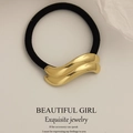 Minimalist black elastic hair tie with a double-wave gold alloy metallic accessory - Double Layer Wave Gold