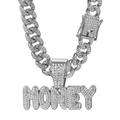 Close-up of silver-tone Cuban link necklace with iced-out MONEY letter pendant - Pendant + 50cm Cuban Chain / Silver