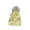 Detailed close-up of beige cable knit beanie featuring thick texture and grey faux fur pom - Green