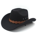 Sombrero de vaquero de fieltro de lana negro con ala ancha y banda de cuero trenzado - M (56-58cm) / Negro