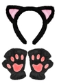 Set cerchietto con orecchie di gatto nere e guanti a zampa con cuori rosa tenero - Set Cerchietto e Guanti Spessi Nero e Rosa