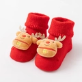 Thick red Christmas baby socks featuring plush 3D reindeer decor and ribbed cuffs - Approx. 0-1 Year / New Reindeer