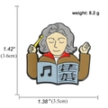 Detailed size view of Beethoven enamel pin with music notes showing 3.6cm height and 8.2g weight - Beethoven