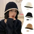 Winter faux shearling bucket hats for women in beige, black and khaki plush knit colors - Chanel Style Fisherman-Black