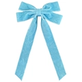 Detail of light blue velvet double bow hair accessory with long ribbons on white background - Blue