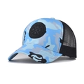 Detail of blue camouflage trucker hat with breathable mesh back and rubber patch - Adjustable / Camo Blue