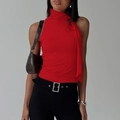Red sleeveless mock neck top with side ribbons and ribbed texture for summer wear - S / Red