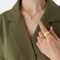 Gold double-layer lock necklace with green gemstone and textured rings set - Necklace-Green Zirconia-40+5cm / Gold