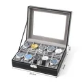 Black faux leather watch storage box with 10 slots and transparent glass window lid - 10-Slot Black/Grey Interior