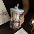 Cartoon glass water bottle with blue lid, purple straw and tea filter for girls - 600ml / Blue