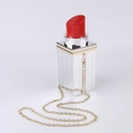 Lipstick-shaped silver acrylic clutch with red detail and golden chain strap - 1.2m O-Chain / Silver Body Red Lipstick