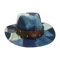 Vintage patchwork denim fedora hat with a heart-shaped crystal buckle and leather band - One Size / Royal Blue (M Denim Large Heart)