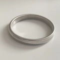 Minimalist wide silver stainless steel spring cuff bracelet with vertical ribbing texture - 10mm Width / Silver
