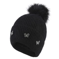Dicke schwarze Strickmütze für Damen mit Kunstfell-Bommel und funkelnden Schmetterlings-Strasssteinen - Schwarz