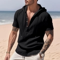 Men's black linen short sleeve hoodie with henley button neck and textured fabric - Black