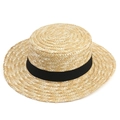 Classic summer flat top straw boater hat with black ribbon for sun protection - L (58-60cm) / Flat Top Boater Hat with Black Ribbon(5#)