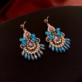 Vintage oval resin drop earrings with silver needle and blue crystals in gold setting - Gold Dark Blue Boho Style