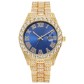 Macro view of luxury men's gold watch with blue dial and diamond-set Roman numerals - Gold Blue Dial
