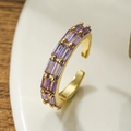 Exquisite gold open ring with rectangular purple crystals in a row, side view - Adjustable Open / Purple (13348)