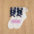 Lolita white lace socks with dark blue satin bows and square crystal pearls - White/Navy Bow