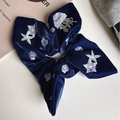 Navy blue velvet scrunchie featuring elegant ocean theme embroidery and a bow design - Square Scarf Scrunchie / Mercerized Navy Blue