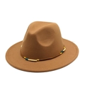 Cappello fedora in feltro di lana cammello a tesa larga con fascia decorativa con perline - Cachi