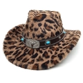 Cappello da cowboy leopardato con fascia in pelle turchese e fibbia metallica a testa di toro - Parte Superiore a Cuore / Caffè Chiaro